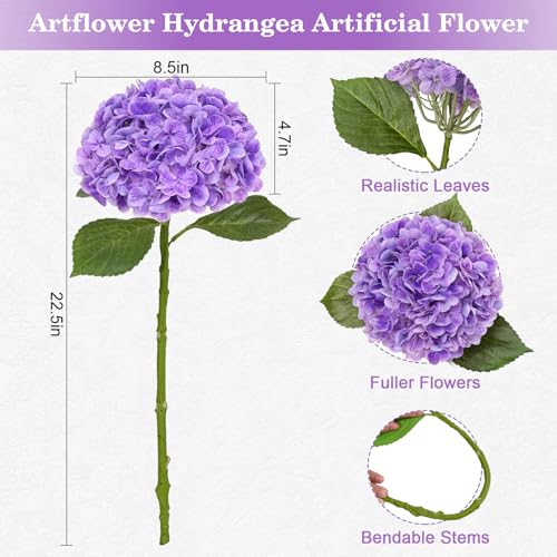 Artflower 4Pcs Real Touch Hydrangea Artificial Flowers, 22.5'' Purple Full Latex Faux Hydrangea Flowers for Home Floral Arrangements Wedding Bouquets Kitchen Table Centerpiece Decorations - color: Purple, size: 4 Pcs