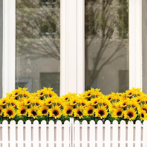 TURNMEON 28Pcs Sunflowers Artificial Flowers for Outdoors Summer Decor, 4 Pack Fake Flowers Silk Faux Sunflower Bouquet Mum Flowers Arrangement for Vase Wedding Table Indoor Home Fall Cemetery Decor