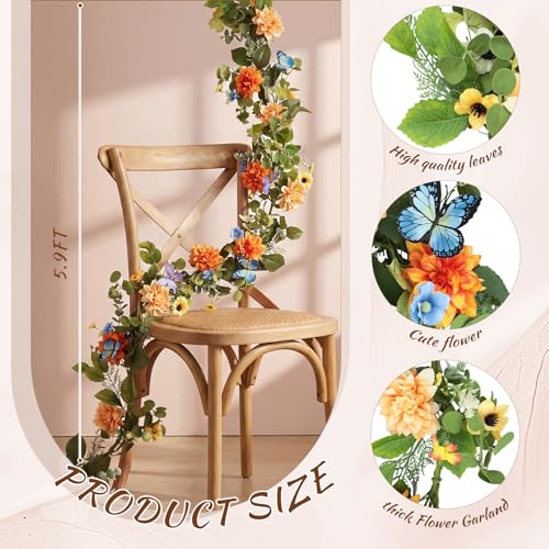 Giegxin 1 Pack 6 ft Artificial Flower Garland Flower with Dahlia and Daisy Yellow Fake Butterflies Wisteria Vines Summer Greenery Eucalyptus Garland for Wedding Mantle Porch Stair Table Indoor Decor - style: Dahlia,Daisy Flower,Butterflies