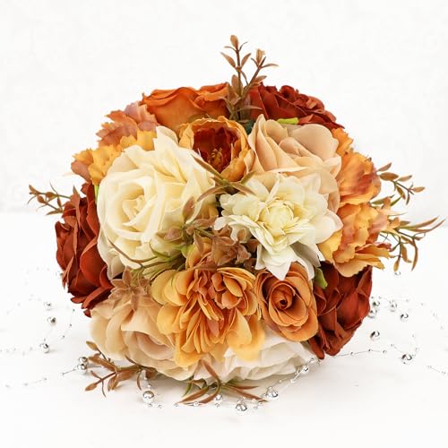 Wedding Bouquets for Bride Bridesmaid 8.5 Inch Burnt Orange Artificial Roses Fall Flowers Bridal Bouquets for Bride Autumn Wedding Marriage Proposal Party Thanksgiving Church Decoration - color: Orange