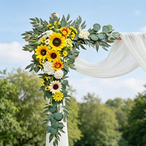 Odouzy Wedding Arch Flowers Kit,Artificial Flower Arch Decor (Set of 3),2pcs Artificial Flower Arrangement with 1pc Sheer Drape for Wedding Decor Reception Backdrop (Autumn Orange&Sunflower) - color: Autumn Orange&sunflower