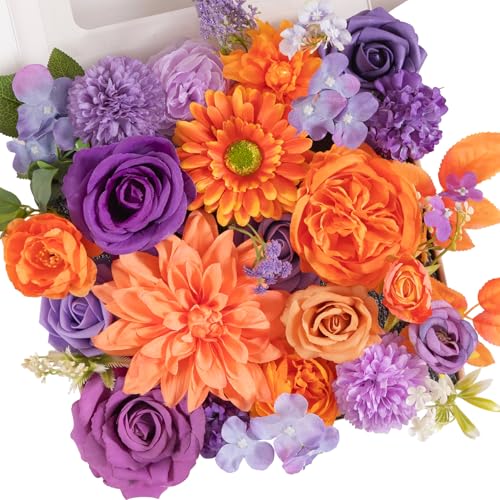 TINGE TIME Rose Artificial Flowers Combo, Fake Foam Roses with Stems for DIY Wedding Bridal Shower Party Table Centerpieces Fake Floral Arrangement Home Decor(Burnt Orange and Purple) - color: Burnt Orange and Purple