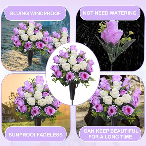 Lodou Set of 2 Artificial Cemetery Flowers, Memorial Flowers Bouquet,Grave Memorial Flowers with Vase for Cemetery Headstones Decoration (Purple White) - color: Purple White