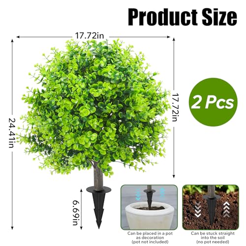 2 Pack 25" Artificial Eucalyptus Topiary Ball Trees for Outdoors, UV Resistant Faux Evergreen Shrubs with Ground Spikes, Fake Bush Ball Plants for Front Porch, Patio, Garden, Indoor Outdoor Home Decor
