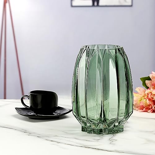 Lucky Bird Green Glass Vase Modern Ribbed for Flowers, Candles, and Decorative Accents - Tall/Short Glass Vase for Centerpieces Home Table Decor(Green H8.0inch) - color: Green, size: H-7.87inch