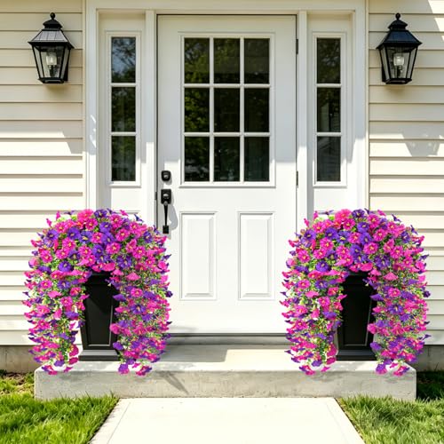 Artificial Hanging Flowers for Outdoor, 4Pcs UV Resistant Faux Morning Glory Flower Spring Summer Decroation, No Fade Fake Flower Trailing Vine for Porch Patio Balcony Yard Garden, Purple+Light Purple - color: Purple Lotus
