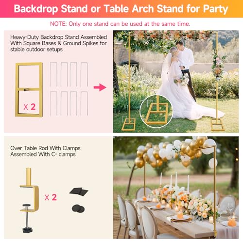 Square Backdrop Stand, Wedding Arch Heavy Duty Adjustable Stand, Over The Table Rod Stand with Clamps, Metal Gold Garden Balloon Frame for Baby Shower Party Decoration - size: 2-IN-1 6.5 FT