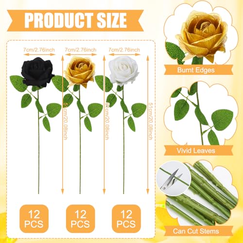 36 Pcs Velvet Texture Black, Gold, White Artificial Flowers Bridal Bouquet, Fake Rose Long Stem Realistic Flowers Bulk for Valentine's Day Wedding Bouquet Ball Arrangement Centerpiece Party - color: Black, Gold, White
