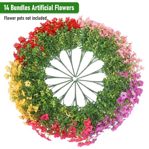 Powbrace Artificial Flowers Outdoor Fake Plants, Faux Silk Flowers Plastic Plants for Outdoors Indoor Outside Front Porch Hanging Planter Window Box Garden Home Spring Decoration, 14 Pack (Mix) - color: Mix, size: 14 Bundles(Upgrade)