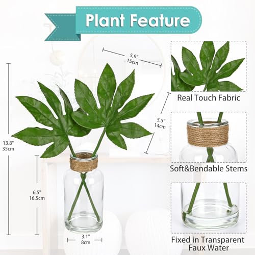 GnFlus Fake Plants Faux Greenery Stems in Glass Vase with Faux Water, Realistic Silk Faux Plants Artificial Tropical Leaves for Home Bathroom Office Wedding Centerpiece Décor - color: Fatsia