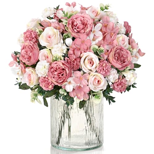 4 Packs Peonies Artificial Flowers Silk Pink Artificial Peonies Bouquet Fake Flower Arrangements Mixed Roses Hydrangea with Stems for Centerpiece Table Wedding Bridal Bouquets Home Decor - color: Pink