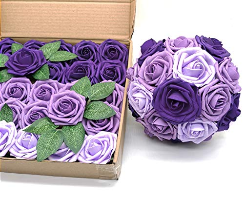 Artificial Flowers 25PCS Real Looking Ombre Colors Purple Fake Roses with Stem for DIY Wedding Bouquets Centerpieces Baby Shower Party Home Decorations - color: Shades of Purple, size: 3"/25pcs