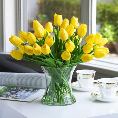 Real Touch Artificial Tulips with Glass Vase and Acrylic Water, 40 Pcs Fake Tulip Flowers Bouquet for Home Office Decor, Silk Flowers Arrangements for Dining Table Wedding Centerpiece (Yellow) - color: Yellow