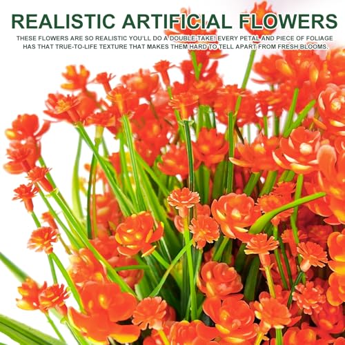 20 Bundles Artificial Flowers for Outdoors Summer Decor-UV Resistant No Fade Fake Mums Faux Plants Plastic Flowers Greenery for Home Porch Gardens Fireplace Patio Indoor Outsides Decor(Orange Red) - color: Orange Red, size: 20 Bundles