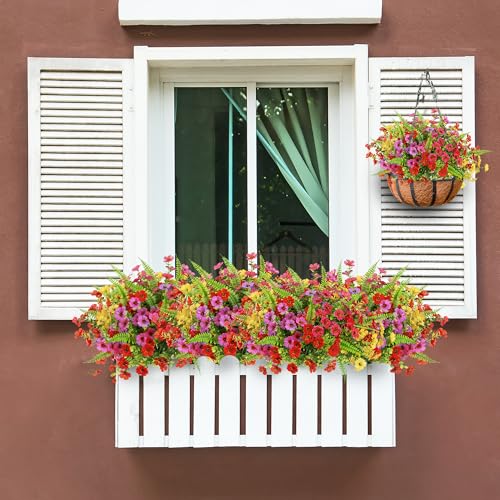 Artificial Flowers for Outdoors 12 Bundles Realistic Faux Plants UV Resistant Fake Silk Daisy with Eucalyptus for Boxwood Planter Patio Porch Outside Spring Summer Decoration(Mixed with Fern) - color: Mixed With Ferns