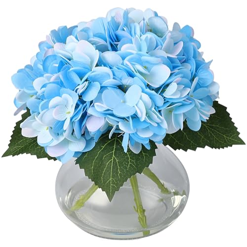 Artificial Hydrangea Flowers with Glass Vase & Fake Water - Faux Hydrangea for Home Table, Wedding Party, Office Decor | Realistic Fake Hydrangeas, Silk Flowers for Vase Arrangement(Hydrangea, blue) - color: Hydrangea, Blue