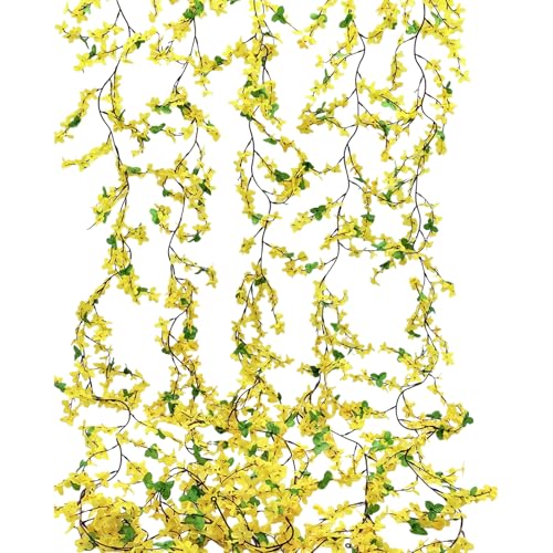 5Pcs Artificial Flowers Vine Yellow Spring Silk Flowers Garland Artificial Jasmine Vines for Decoration Fake Flower Vine Hanging Ivy for Indoor Outdoor Wall Party Wedding Arch Decoration