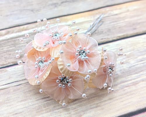 72PC Artificial Organza Flower Rhinestone Pick for Home Craft Decor DIY Wedding Bridal Veil Headband Dress Cake Topper Embellishment Scrapbook Favor Corsage Floral Bouquet Arrangement (Blush) - color: Blush