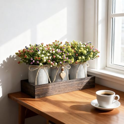 Artificial Milan Flower Bouquet Table Centerpiece, 3-Metal-Pot Table Decor on Wooden Tray, Realistic Baby’s Breath Flowers Arrangement for Home, Wedding, Party, Office & Living Room Décor - color: Milan Flowers