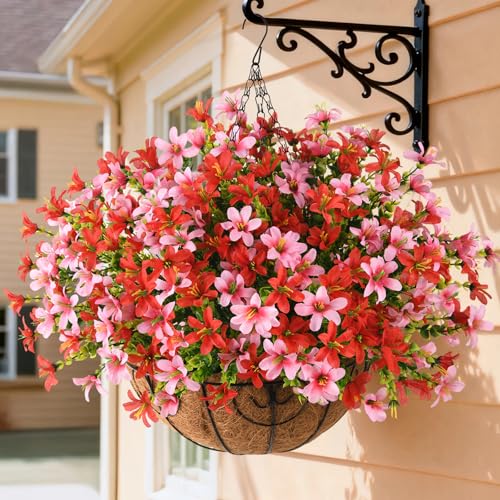 INQCMY Artificial Hanging Flowers for Outdoors, 5 Bundles UV Resistant Artificial Hanging Baskets,All Weather Fake Flowers for Patio, Porch, Yard, Window Box,Home for Spring Summer Decoration. - color: Red Pink