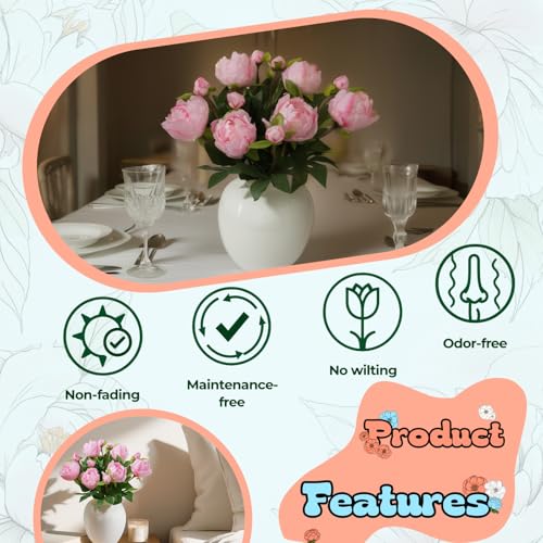 ucky 6PCS Deep Pink Peonies Artificial Flowers, Realistic 2 Heads Silk Peonies with Stems & Buds, 17.51" Faux Peony Bouquets for Wedding Centerpieces DIY Home Table Vase Decor - color: Deep Pink