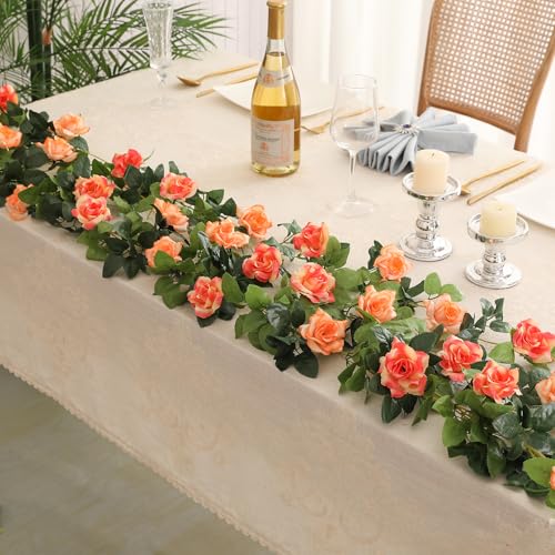 JUSTOYOU 2 Pack (15.8FT) Fake Rose Garland, Artificial Rose Vines Flowers Hanging Silk Rose Vine Wedding Home Backdrop Party Arch Arrangement Decoration - color: Sunset Red