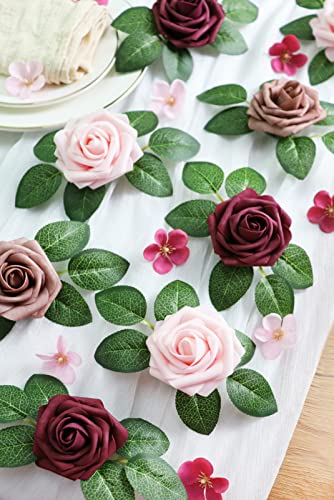 Artificial Flowers 25PCS Real Looking Blush & Dusty Rose & Burgundy Fake Roses with Stem for DIY Wedding Bouquets Centerpieces Baby Shower Party Home Decorations - color: Blush&dusty Rose&burgundy, size: 3"/25pcs