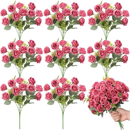 Zeyune 8 Pack Artificial Mini Pastel Pink Roses, 12 Inch Fake Flowers with Stems, 80 Small 1.6 Inch Flower Heads, Silk Mini Rose Bouquets for Wedding Centerpieces, Bridal Bouquets, Home Party Decor - color: Pastel Pink