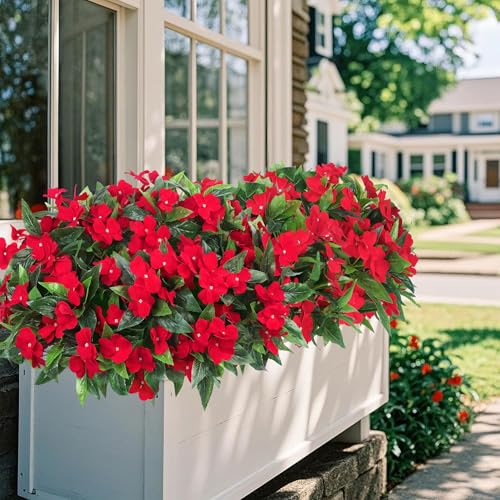Ouddy Decor 6 Bundles Artificial Impatiens Flowers for Outdoors Decoration, Silk Flowers Bouquet Fake Plants UV Resistant for Spring Summer Garden Porch Window Box Balcony Home Decor, Red - color: Red