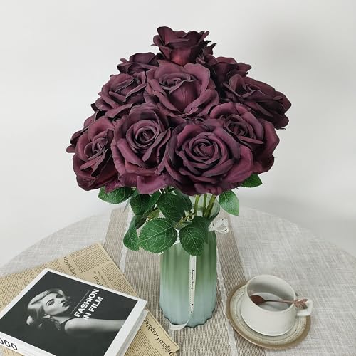 ATFL Fake Roses Artificial Flowers Bulk,Floral Diameter 4'',20 Pcs Artificial Silk Roses Flowers with Stems for Wedding Arrangement Centerpieces Party Home Table Decorations (20, Burgundy) - color: Burgundy