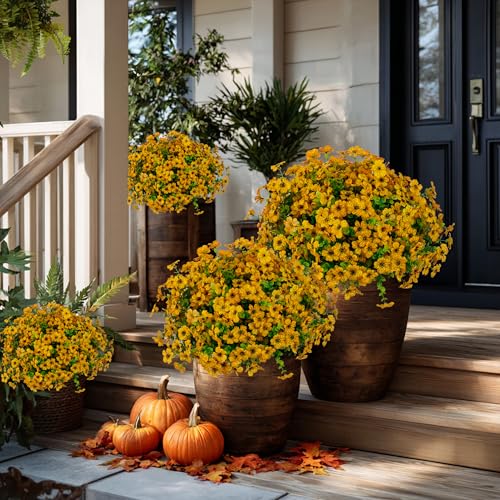 AXYLEX Artificial Fall Flowers for Outdoors Fake Mums - 16 Bundles Faux Plants Outside Greenery Boxwood No Fade Plastic Shrubs Decor Farmhouse Home Garden Thanksgiving (Yellow) - color: Yellow