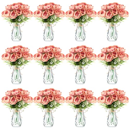 Zeyune 37 Pack Artificial Peonies Flowers with Bud Vase Bulk 24 Bundles Silk Peonies Bouquets 12 Plastic Clear Vase with 1 Rope Fake Flowers for Table Centerpiece Vases(Coffee,Perfume) - color: Coffee, style: Perfume