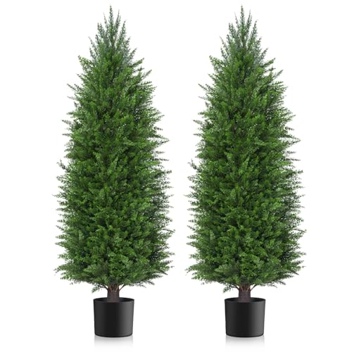 AOKIIE 5FT Artificial Cedar Topiary Trees UV Protection for Outdoor 2PCS | 60 Inch Tall UV Protection Fake Cypress Trees for Outdoors, Potted Pine Plants for Patio, Porch, Home, Doorway Decor - size: 5FT