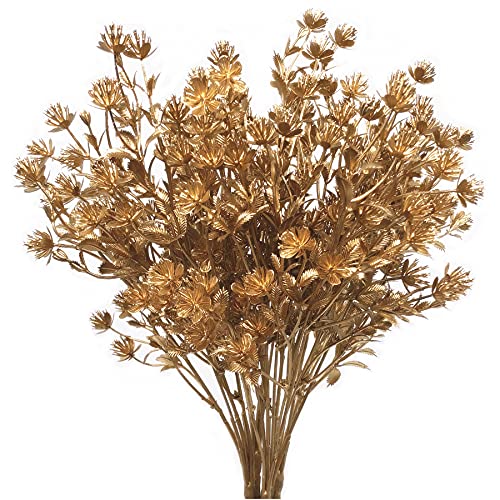 PASYOU Gold Fake Plants, Artificial Flowers Decoration for Christmas Golden Leaves Grass Plastic Faux DIY Crafts Indoor Outdoor Home Garden Party Room Bedroom Wedding Table Centerpiece Decor, 4 Pack - color: Gold Babys Breath - 4 Pack