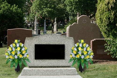 LVXINLI Artificial Cemetery Flowers, Gravesite Decoration Roses, Memorial Bouquets with Cemetery Vase, Vibrant and Long-Lasting Colors (Yellow+White, 2 Bundles) - color: Yellow+white