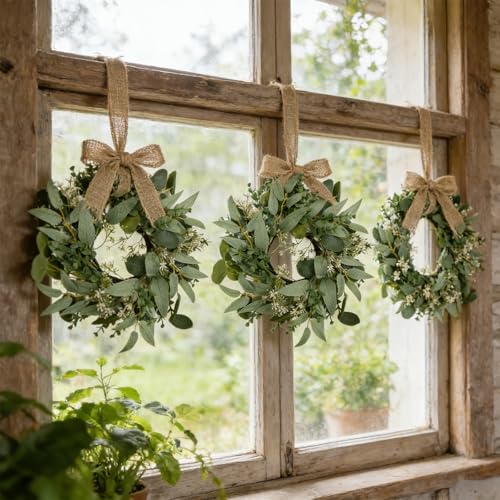 6 Pcs Mini Eucalyptus Wreaths for Cabinets with Greenery Artificial Leaves Spring Summer Small Candle Rings Wreaths for Home Kitchen Front Door Window Farmhouse Porch Wall Hanging Decor - color: Green