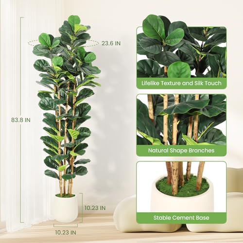 Garvee Artificial Fiddle Leaf Fig Tree with White Planter, Fake Plant with Natural Wood Trunk, Faux Ficus Tree Fake Moss for Home Office Living Room Decor - size: 7ft