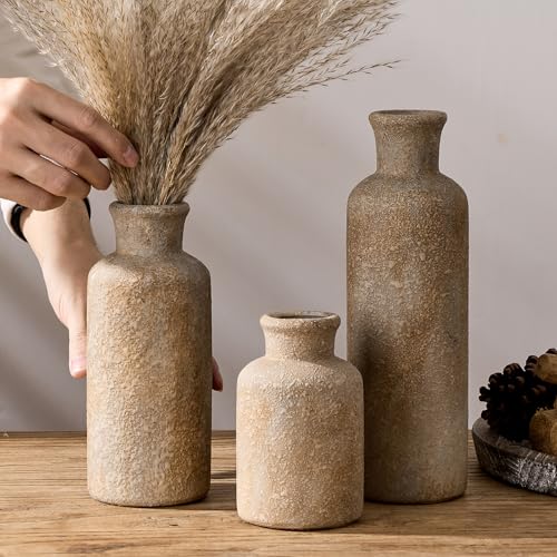 LUKA Ceramic Rustic Farmhouse Vase Set of 3,Terracotta Vases for Decor,Antique Vase for Your Bedroom,Office,Living Room,Fireplace,Bookshelf Decor,Housewarming (10+7.5+5 Inch) - color: Imitation Wood Color