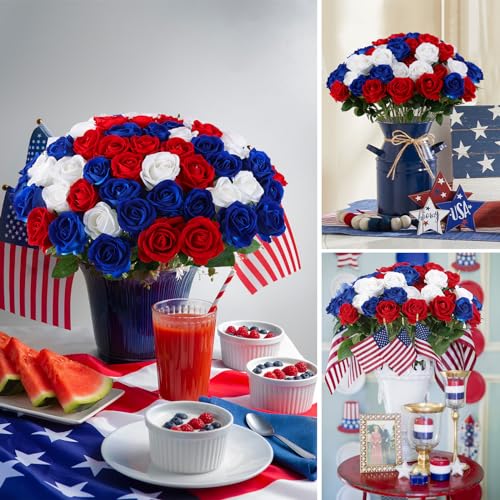 Hananona 50 Pcs Artificial Roses in Bulk, Fake Velvet Silk Roses Realistic Roses for 4th of July Wedding Centerpieces Independence Day Patriotic Flower Arrangement Home Decor (50, Red, White, Blue) - color: Red, White, Blue