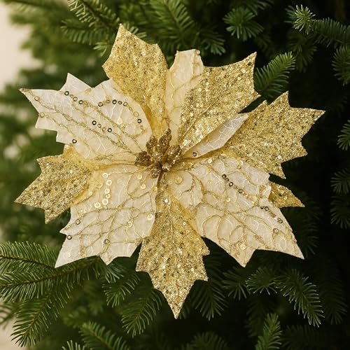 Deekin 12 Pcs 8.5 Inch Poinsettia Artificial Christmas Large Flower with Clips and 4.72 Inch Floral Picks Christmas Tree Decoration Fake Poinsettias Ornaments DIY Xmas Wreath Party Decor(Gold)