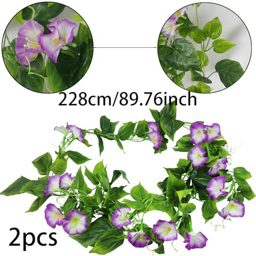 CISDUEO 2 Pcs Artificial Vines Silk Morning Glory Vines for Outdoor 15Feet Hanging Plants Garland Purple Fake Green Plant Morning Glories for Home Decor Wall Fence Stairway Wedding Hanging Baskets - color: Purple