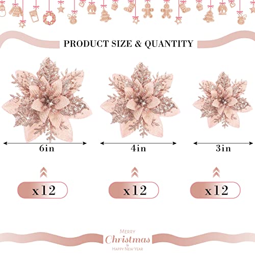 Geosar 36 Pcs Christmas Glitter Artificial Poinsettia Flowers Xmas Poinsettia Artificial Wedding Flowers Decorations Xmas Tree Ornaments with Clips for Party, 6 Inch, 4 Inch, 3 Inch(Rose Gold) - color: Rose Gold
