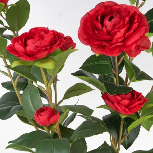 Artificial Camellia Tree 2 Pack, 3FT Faux Camellia Plant in Pot, 36 inch Fake Potted Camellia Flower Tree Plastic Camellia Tree for Modern Home Office Christmas Living Room Floor Decor Indoor, Red - style: C-Camellias (36 inch-Red)