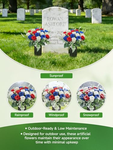 2-Pack Cemetery Flowers for Grave with Spiked Vases, 18-Stem Artificial Red & Blue & White Rose Memorial Flowers, Non-Bleeding Outdoor Gravesite Decorations for Headstones - color: Red & Blue & White