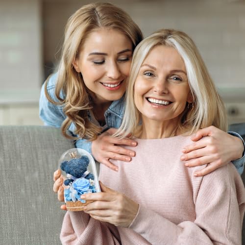 Preserved Rose Flowers Gifts for Her, Real Forever Rose in Glass Dome with Adorable Bear for Girlfriend,Mom,Wife,Grandma on Birthday Anniversary Valentine's Day (Blue) - color: Blue