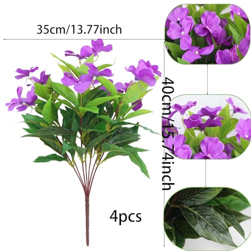 CITYES 4 Pcs Artificial Flowers Outdoor Impatiens UV Resistant Silk Impatiens Flowers Purple Faux Flowers Impatiens Bushes Artificial Impatiens for Pot Patio Lawn Garden Hanging Basket Porch Decor - color: Purple
