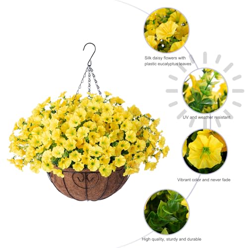Artificial Fall Flowers Fake Hanging Plants Flowers Basket for Outdoors Autumn Decoration, Yellow Silk Morning Glory with Eucalyptus Look Real UV Resistant Faux Flowers for Outside Porch Patio Balcony - color: Yellow
