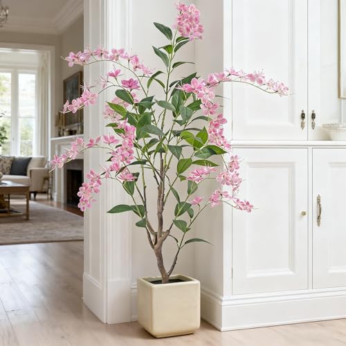Artificial Jasmine Tree 5ft Beige Flower Pot Fake Trees, Lifelike Artificial Trees with Natural - Looking Blooms, Perfect for Any Space - size: 5ft