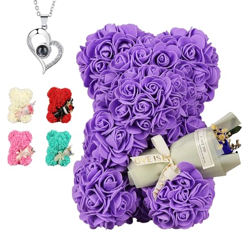 Gifts for Mother Rose Bear Gifts for Women, Rose Teddy Bear Birthday Gifts for Girlfriend Wife, Flower Bear withI Love You Necklace in 100 Languages - color: Purple