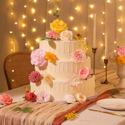 Garisey Artificial Flowers Combo, Mix Silk Flowers Roses, Peonies, Dahlias with Stems for DIY Wedding Bridal Bouquet, Baby Shower, Table Centerpieces, Home Decor, Floral Arrangements-Pink Yellow - color: Pink Yellow